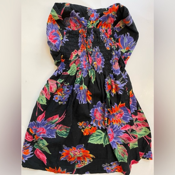 Chai floral printed strapless tie waist rouched back mini dress womens s Small - Picture 4 of 6